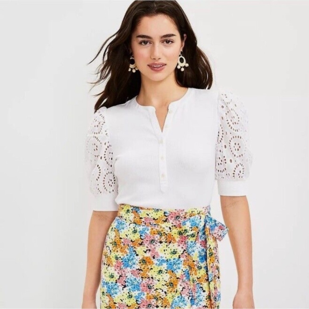 Loft White Ribbed Henley Eyelet Puff Short Sleeve Blouse Size Small